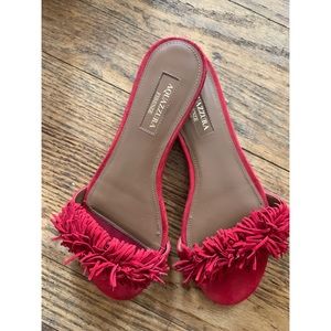 Aquazurra wild thing red suede fringe slides